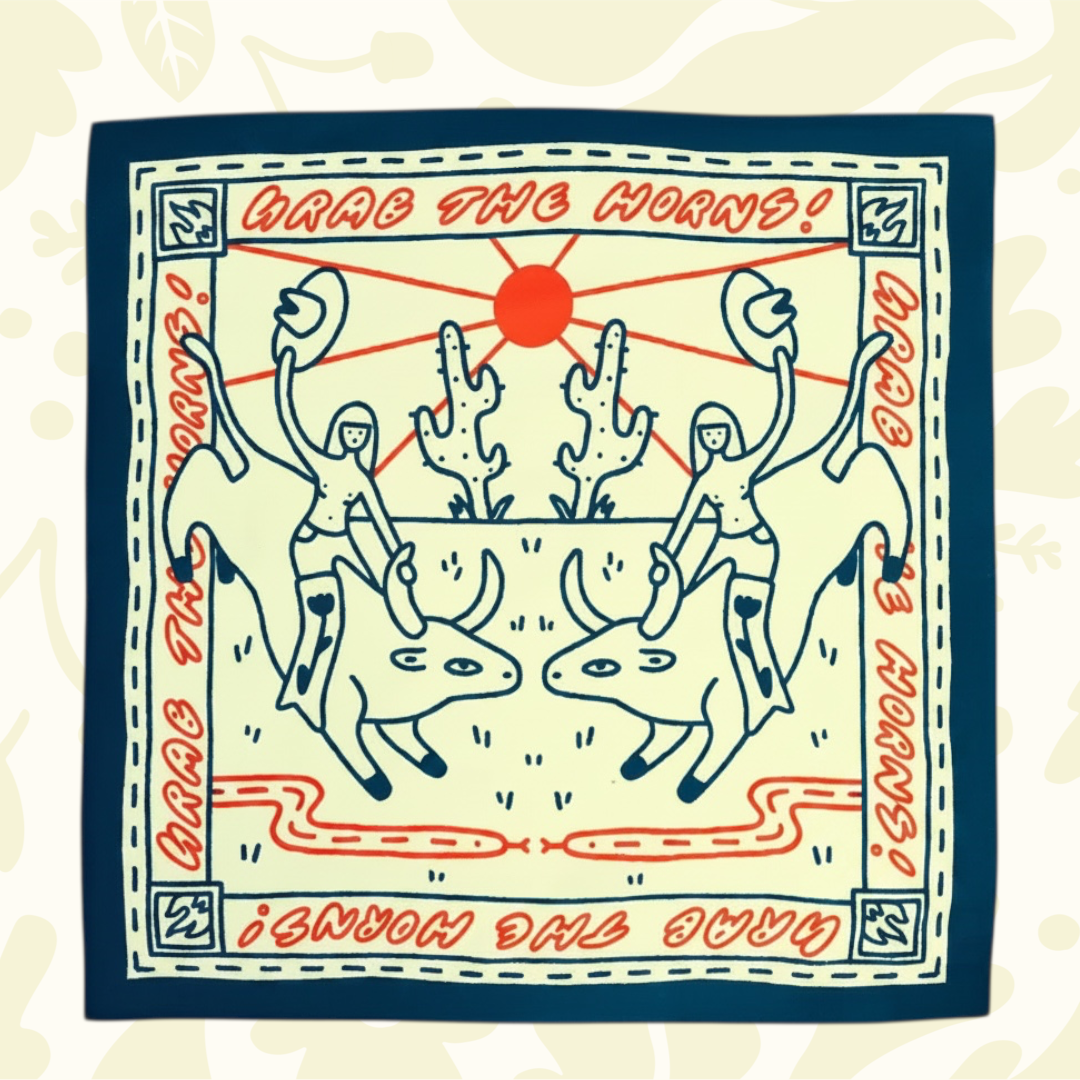 Forager Provisions LTD Bandits Bandanas Grab The Horns organic cotton square bandana with western desert illustration