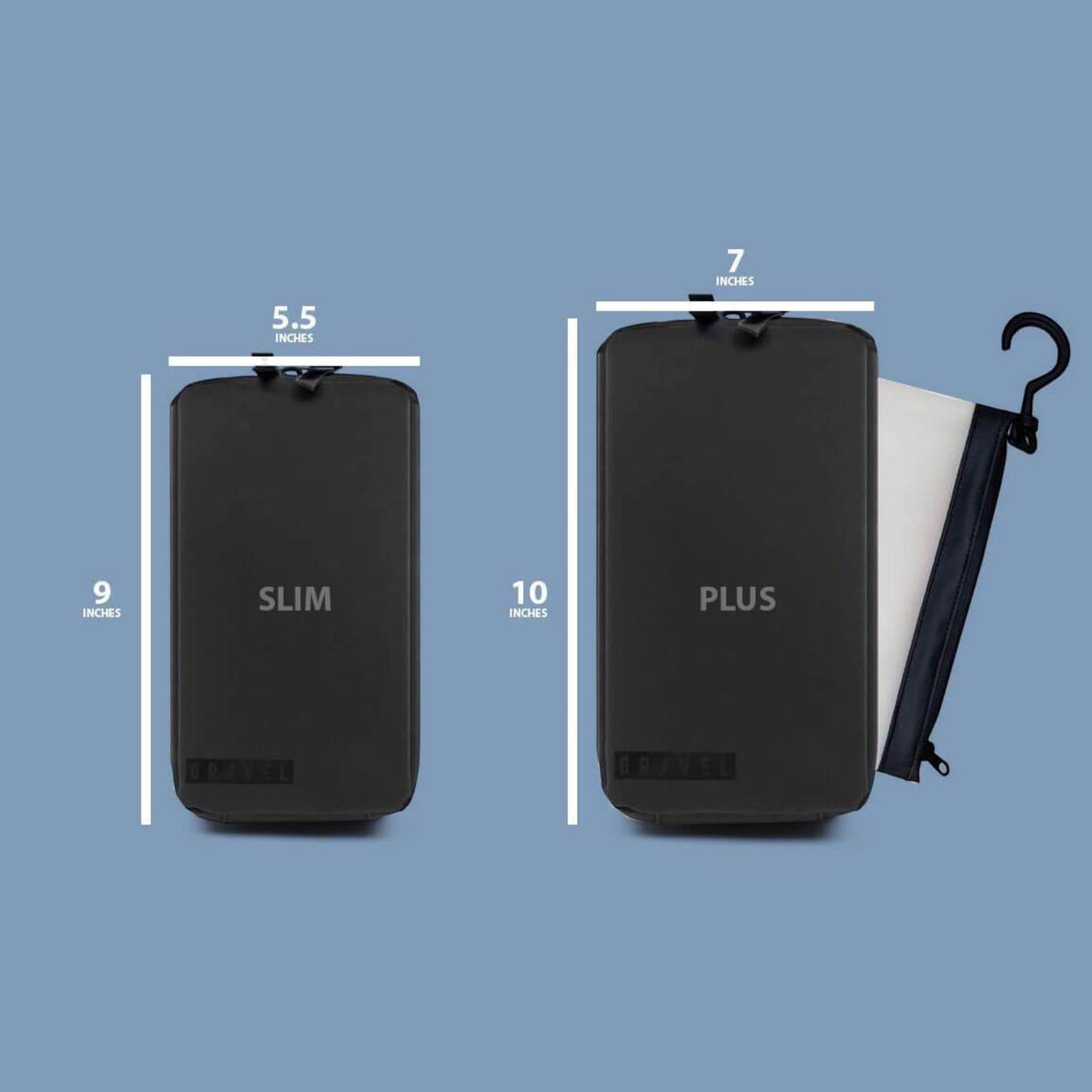 Forager Provisions LTD Gravel Outdoor Slim and Explorer Plus toiletry bags showing dimensions and hanging hook