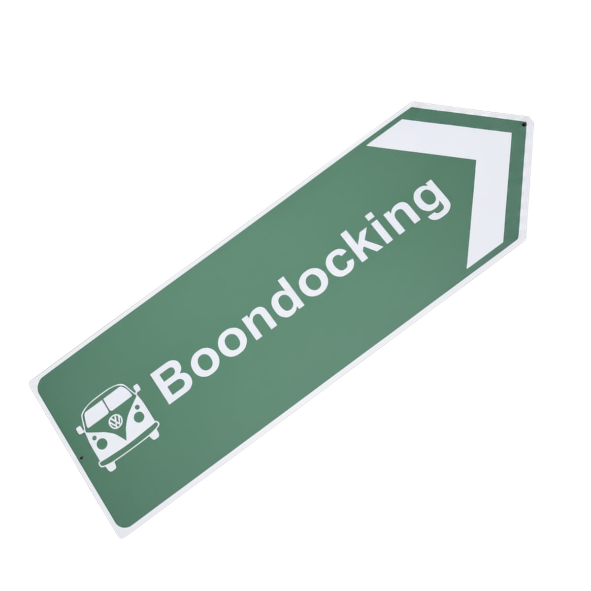 Forager Provisions green aluminum campervan arrow sign, 45x15cm, “Boondocking” design for RV camping and outdoor travel.