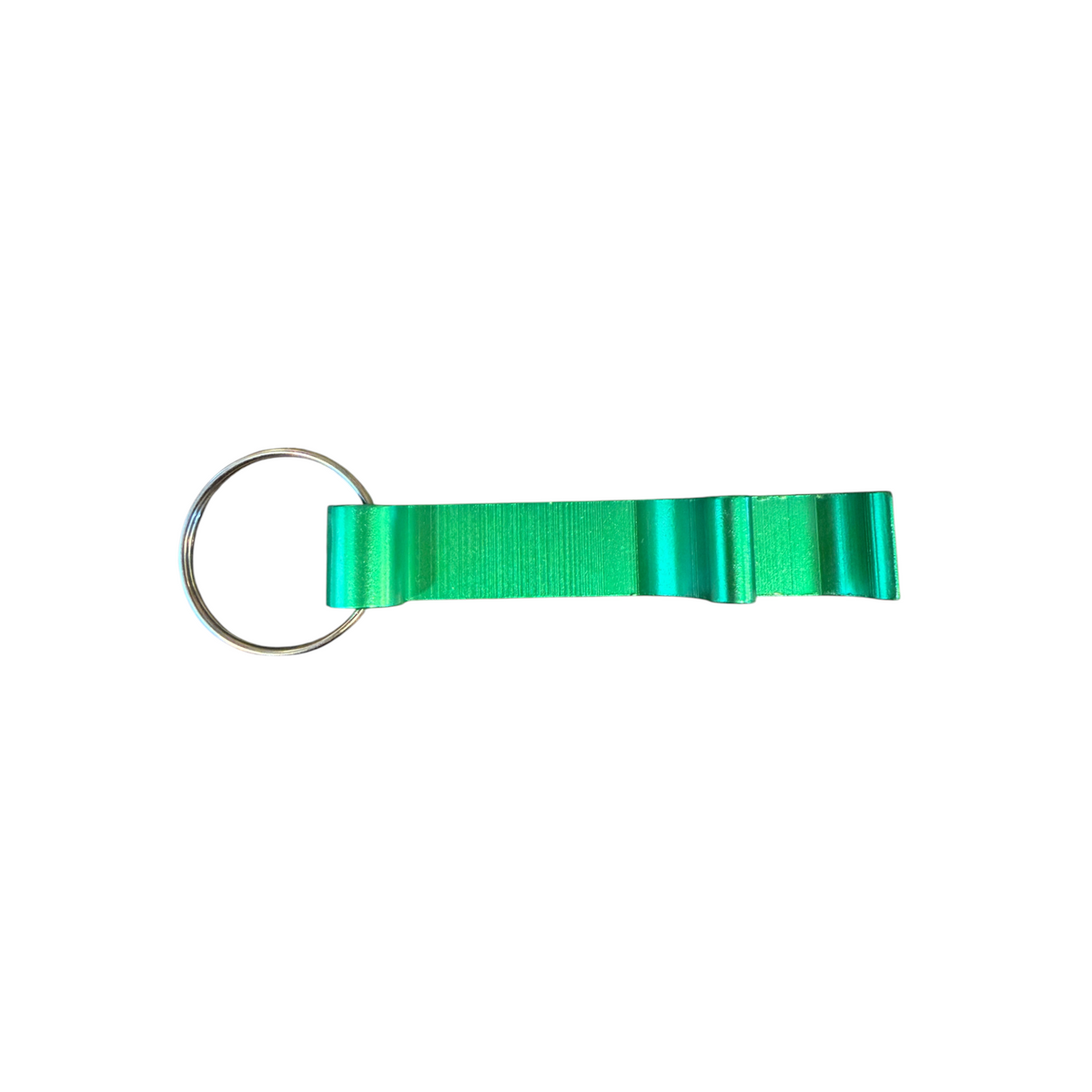 Forager Provisions LTD metallic green bottle opener keyring with a silver split ring for outdoor gear and keys