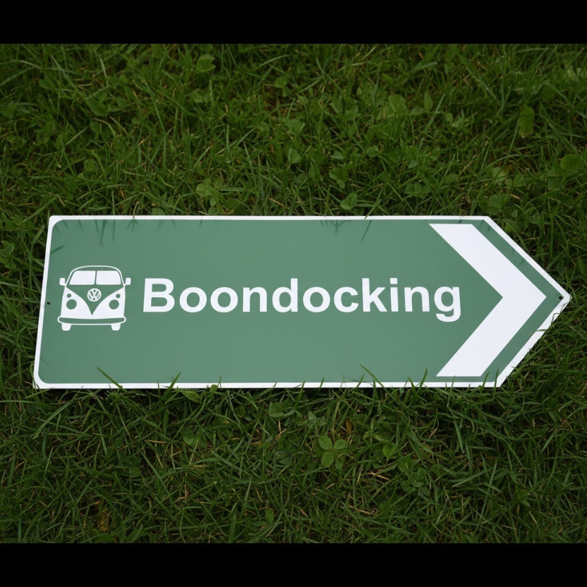 Forager Provisions green 45x15cm aluminium arrow sign for campervan, “Boondocking” design, adventure outdoors decor.