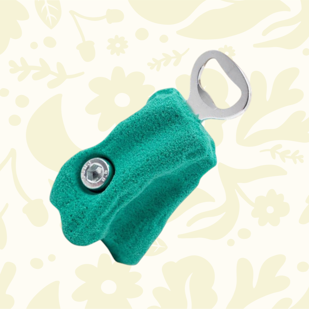Forager Provisions LTD Seven Peaks green resin rock climbing hold bottle opener with metal hardware