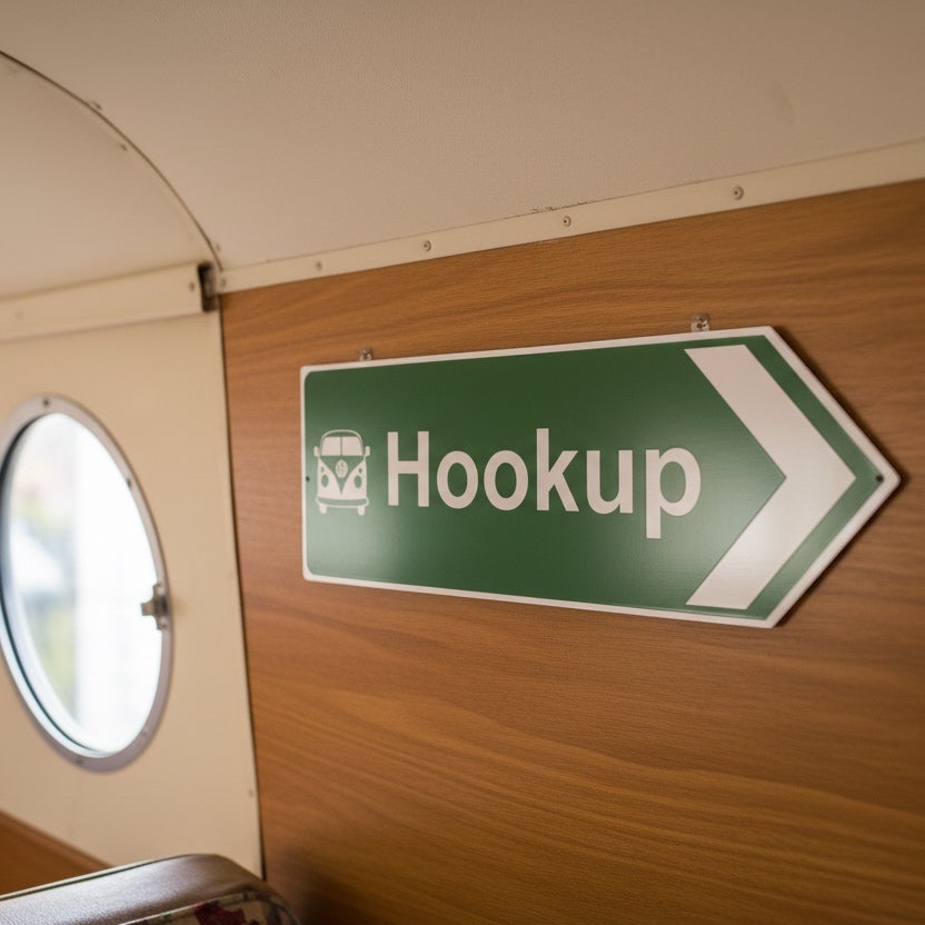 Forager Provisions green campervan hookup road sign, 45x15cm aluminum, arrow and van icon for camping directions.