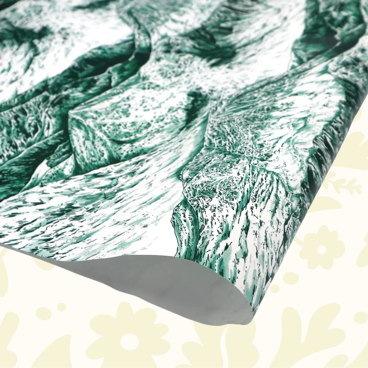 Forager Provisions LTD gift wrapping paper featuring a detailed green and white landscape illustration