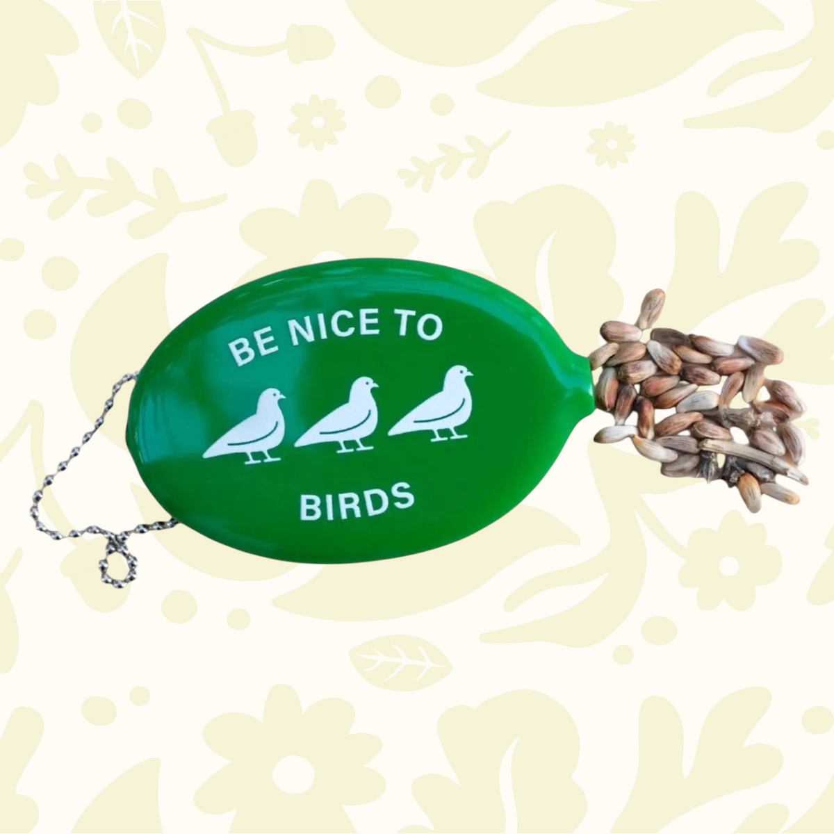 Forager Provisions LTD grass green rubber wallet with Be Nice To Birds text and bird icons, featuring a snap closure.