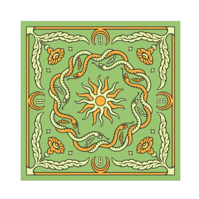 Forager Provisions LTD green bandana featuring a circular design of snakes, sun, and floral motifs by Ben Kosinski.