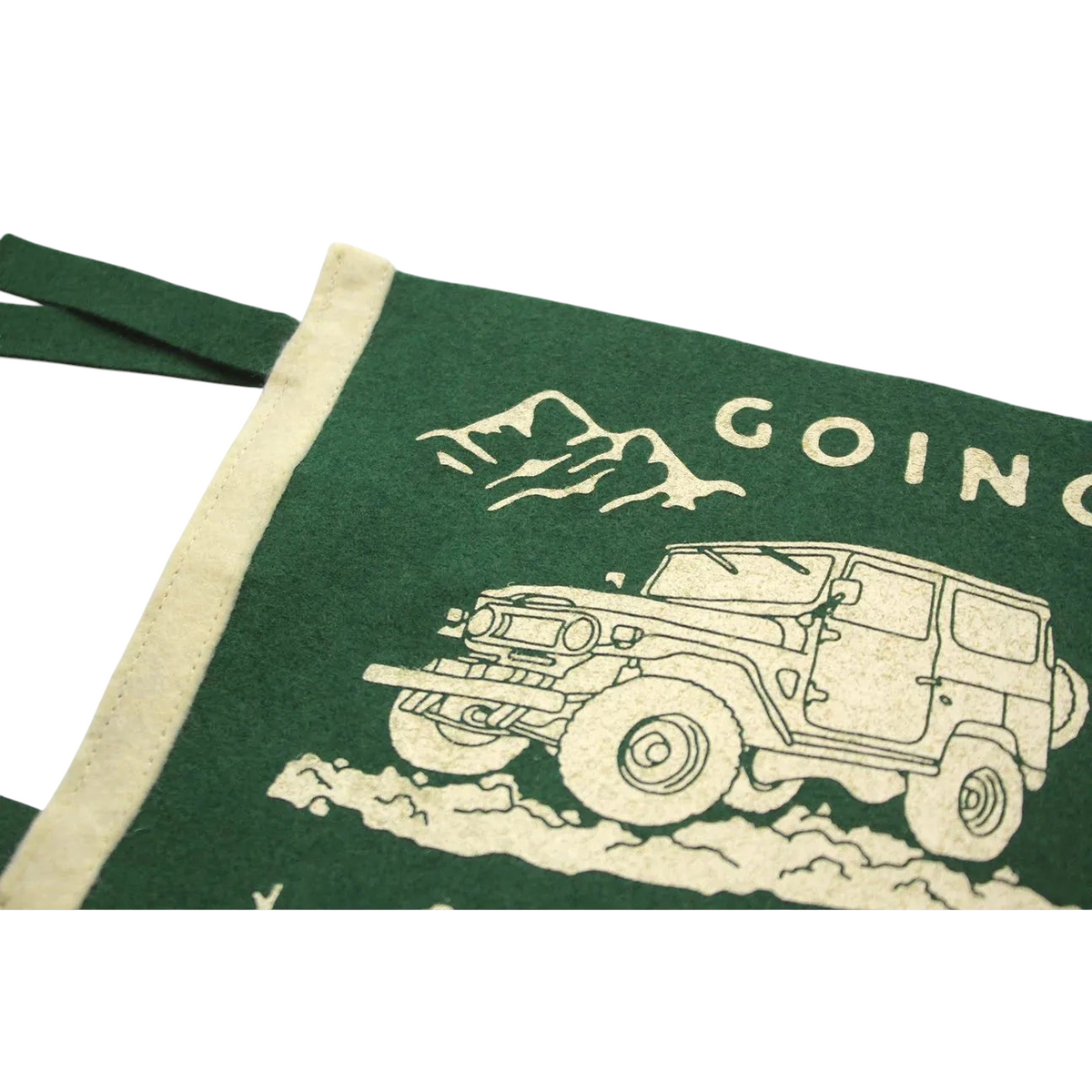 Forager Provisions LTD forest green wool felt pennant with a screen-printed mountain and vintage off-road vehicle