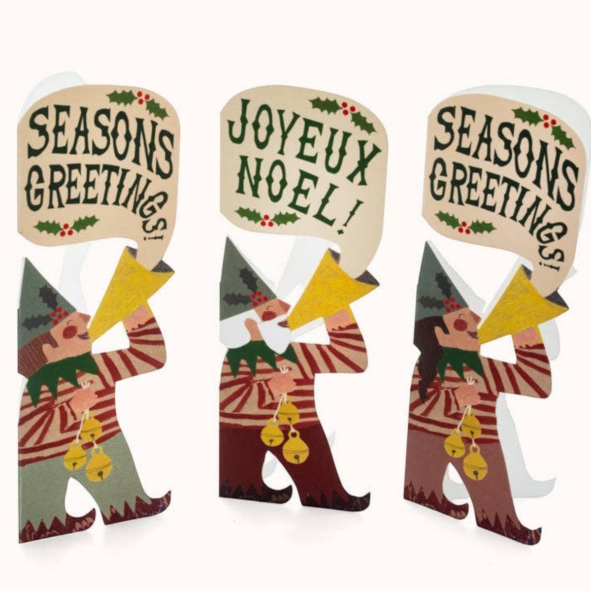 Forager Provisions LTD Hadley illustrated Christmas elf greeting cards with festive Seasons Greetings and Joyeux Noel text