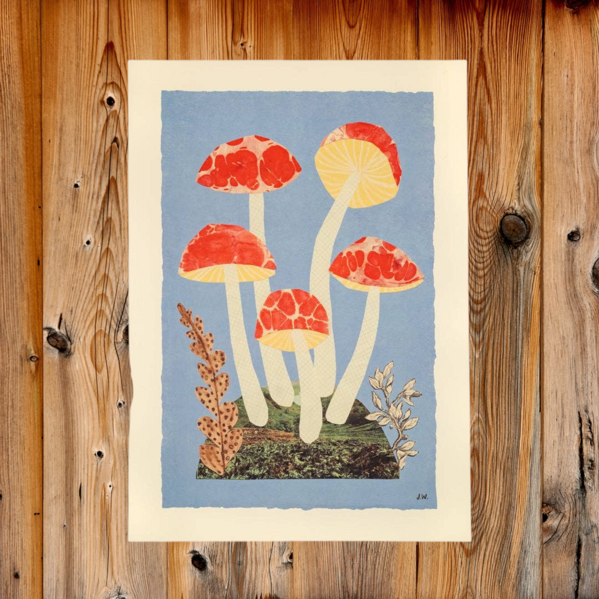 Forager Provisions LTD Hadley A3 art print featuring red and blue mushrooms on a textured blue background.