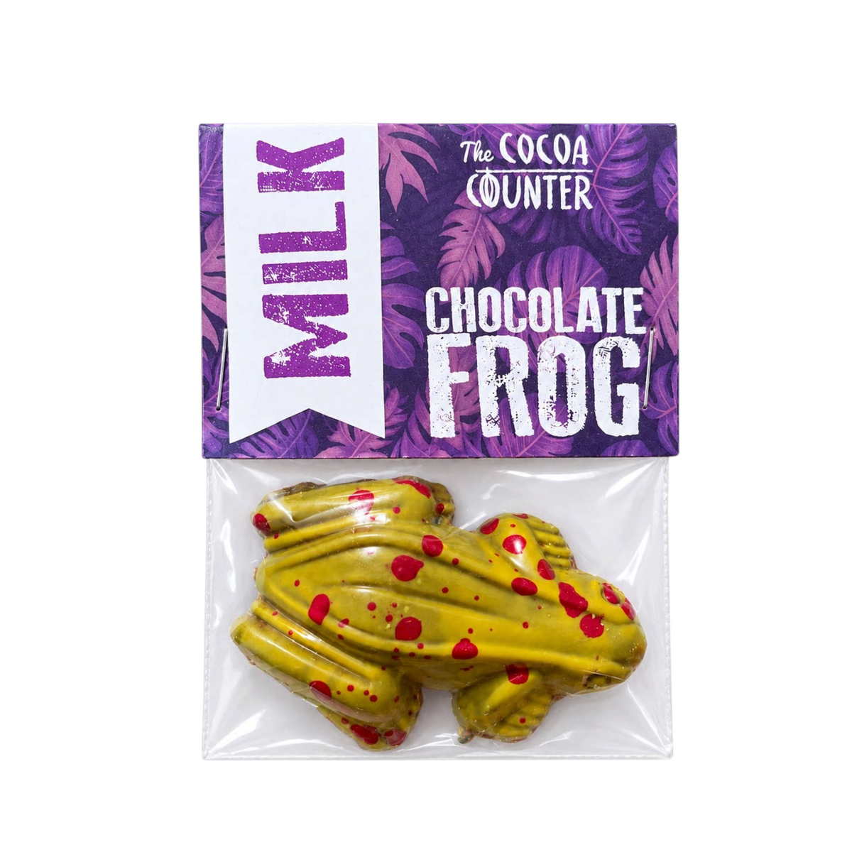 Forager Provisions LTD hand painted milk chocolate frog in yellow and red, packaged in a clear bio bag with header.