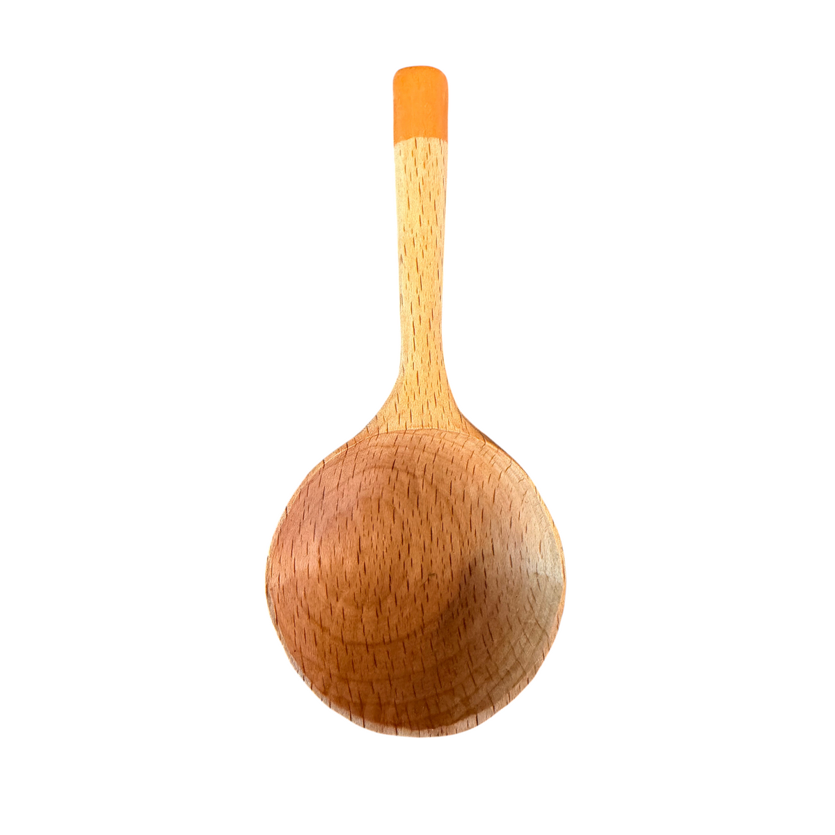 Forager Provisions LTD handmade wooden coffee scoop with an exclusive orange milk paint finish on the handle tip.