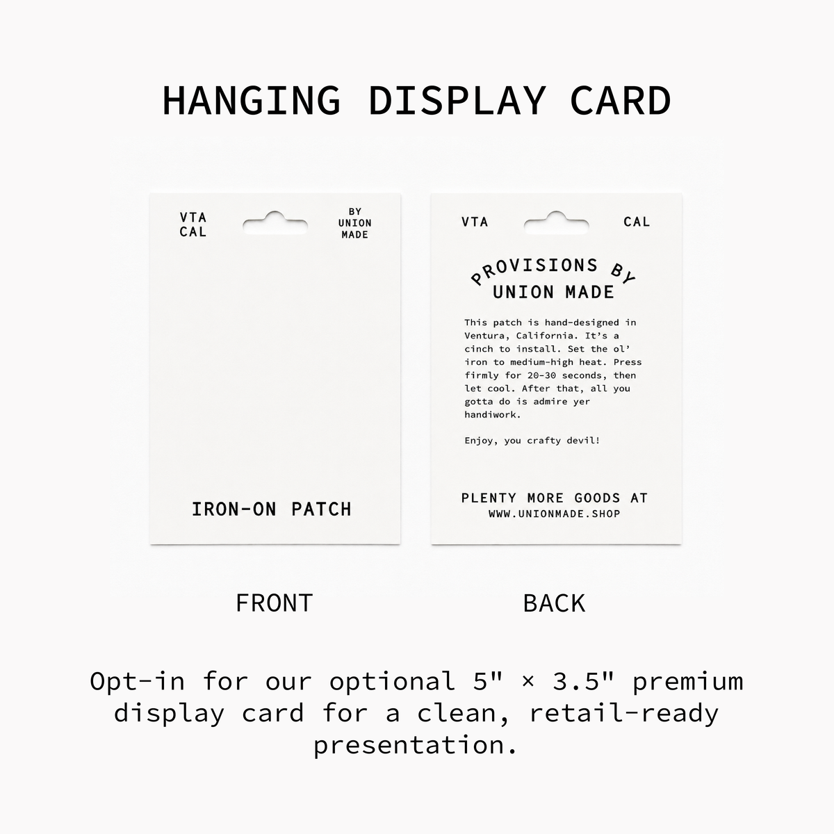 Forager Provisions LTD premium white hanging display card for iron-on patches showing front and back views