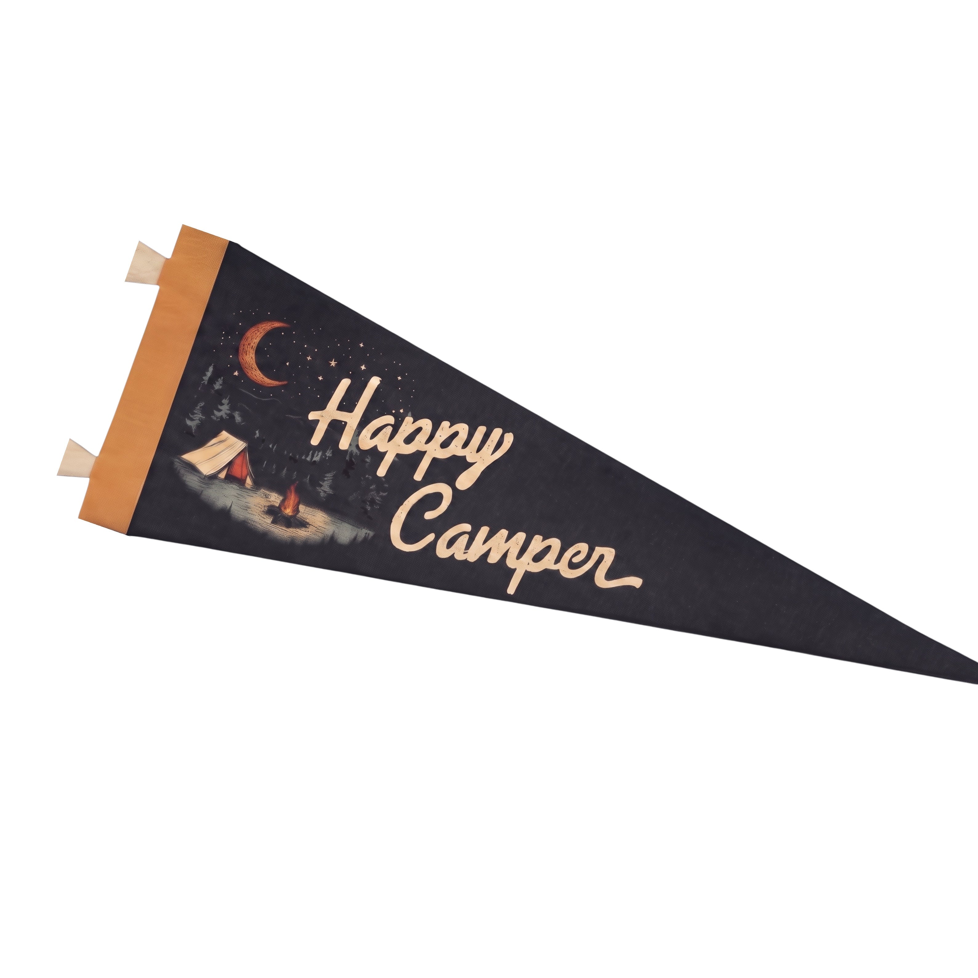 Forager Provisions LTD Happy Camper felt pennant featuring a vintage campfire scene with a crescent moon and stars.