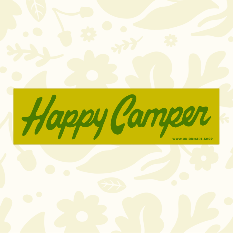 Forager Provisions LTD Happy Camper bumper sticker in green glossy vinyl with cursive lettering for outdoor gear.