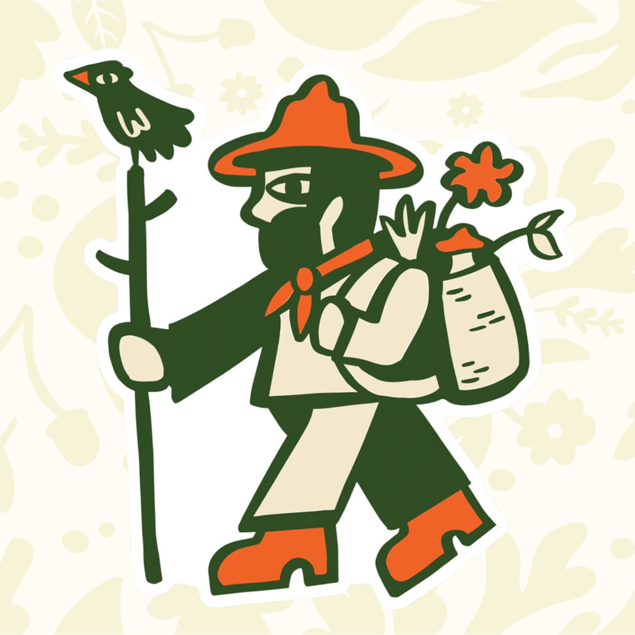 Forager Provisions LTD vinyl sticker featuring a stylized hiker with a bird on a staff in orange and forest green.