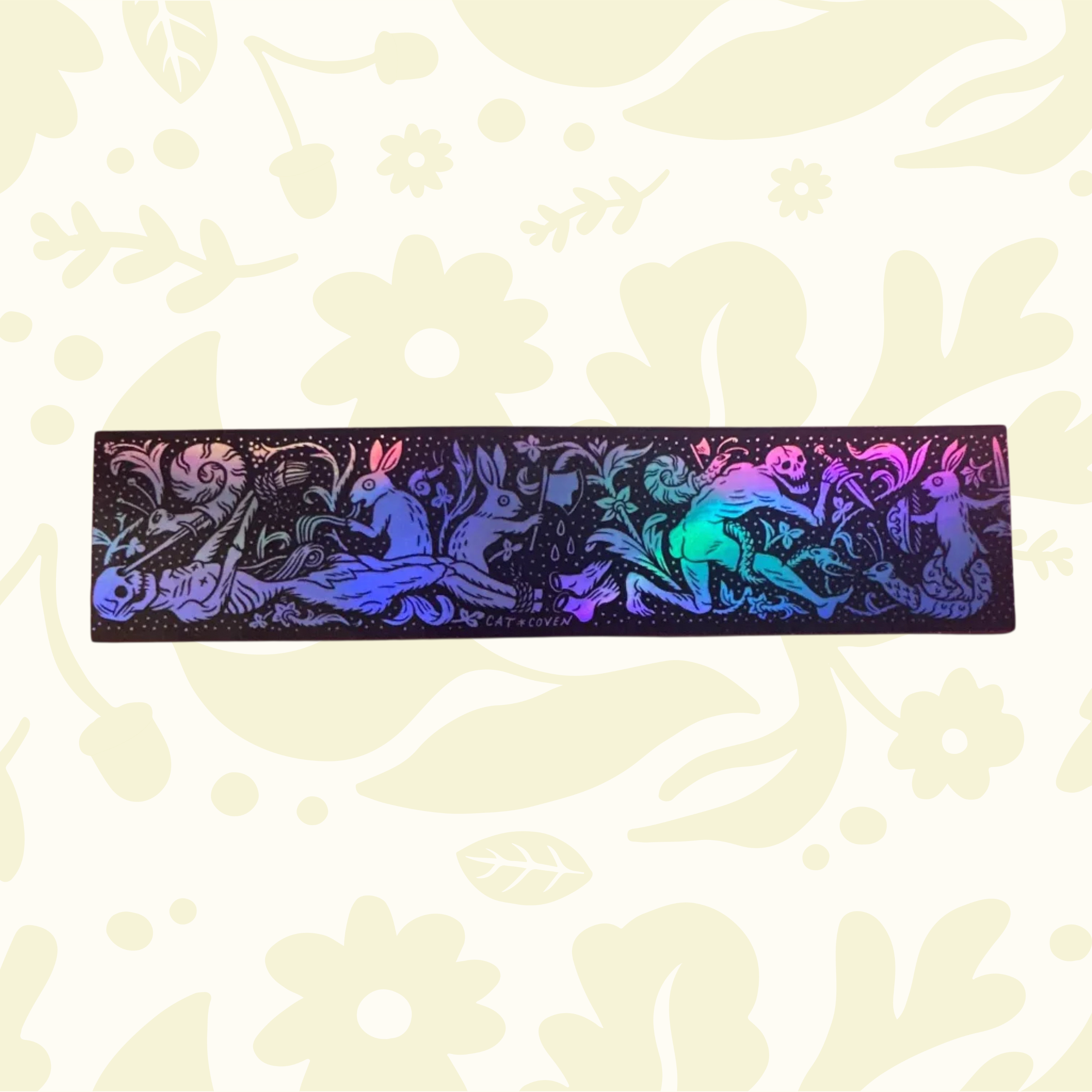 Forager Provisions LTD Cat Coven holographic vinyl sticker featuring a gothic rabbits vs skeletons forest scene