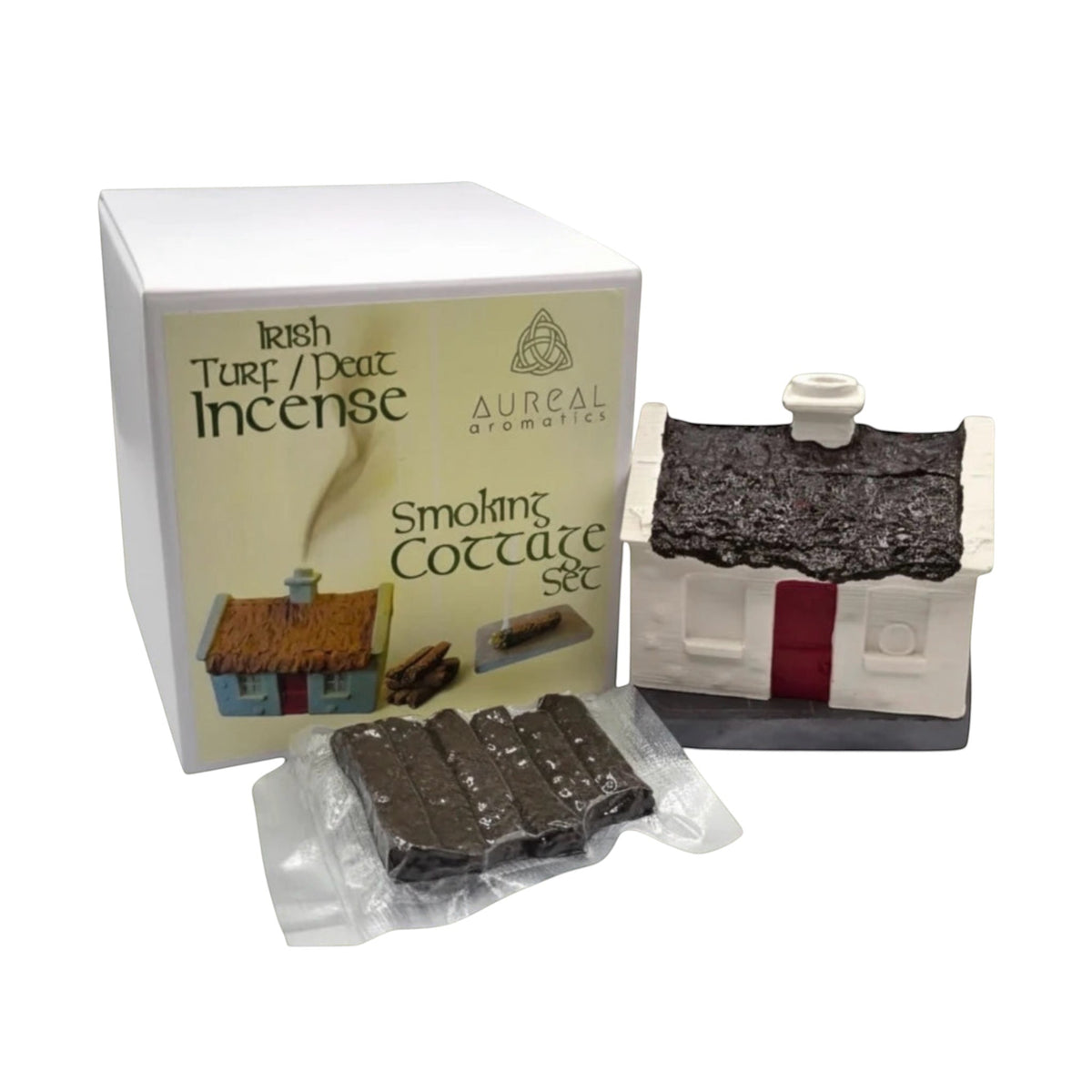 Forager Provisions LTD Aureal Aromatics Irish peat incense set with a miniature cottage burner and five turf sticks.
