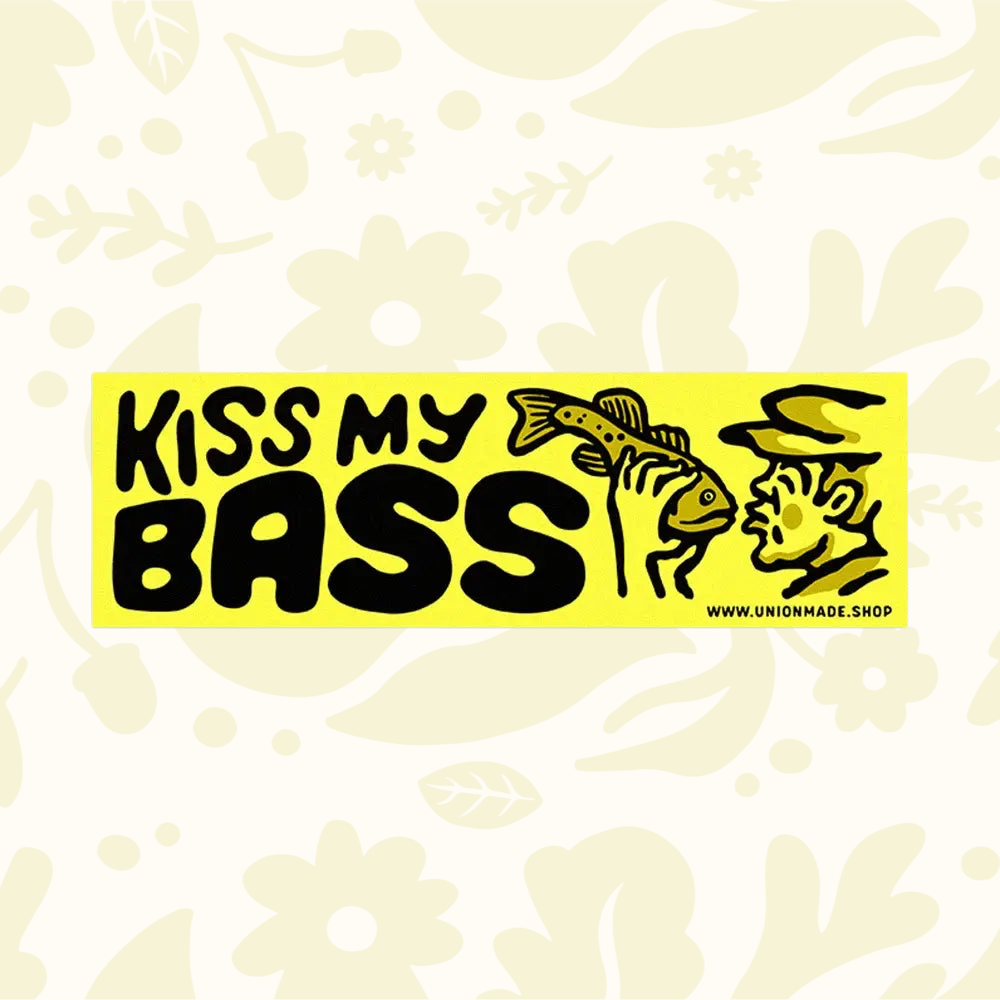 Forager Provisions LTD yellow vinyl bumper sticker featuring a fisherman and the text Kiss My Bass