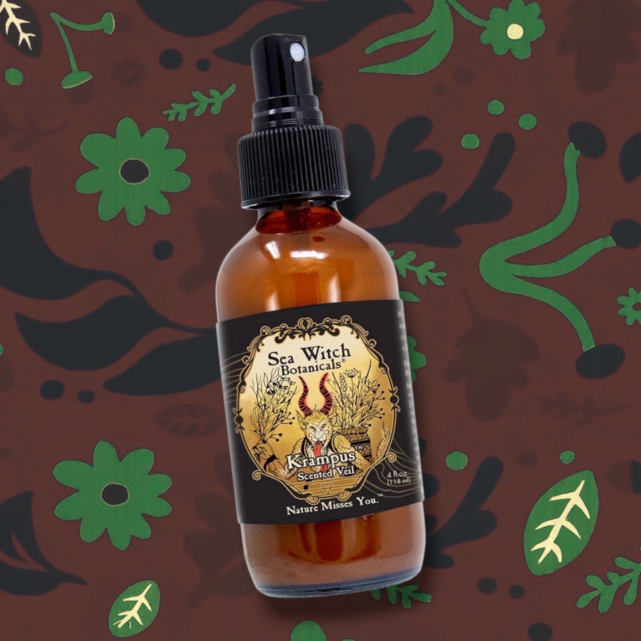 Forager Provisions LTD Sea Witch Botanicals Krampus scented veil spray in an amber glass bottle with a black nozzle.