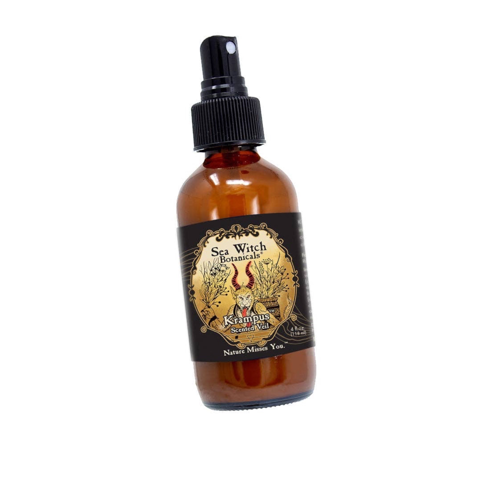 Forager Provisions LTD Sea Witch Botanicals Krampus scented veil spray in an amber glass bottle with a black sprayer.