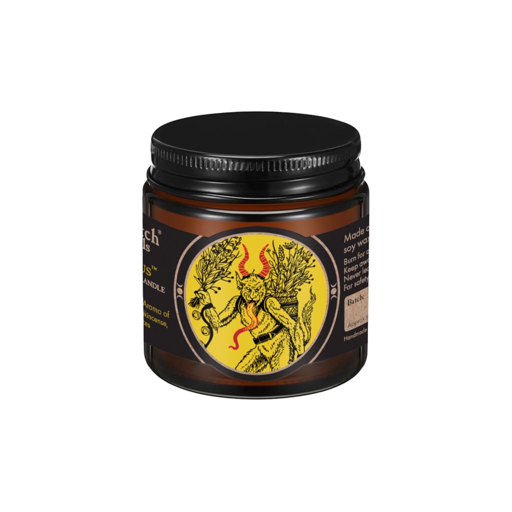 Forager Provisions LTD Sea Witch Botanicals Krampus soy wax candle in a small amber glass jar with a black lid.