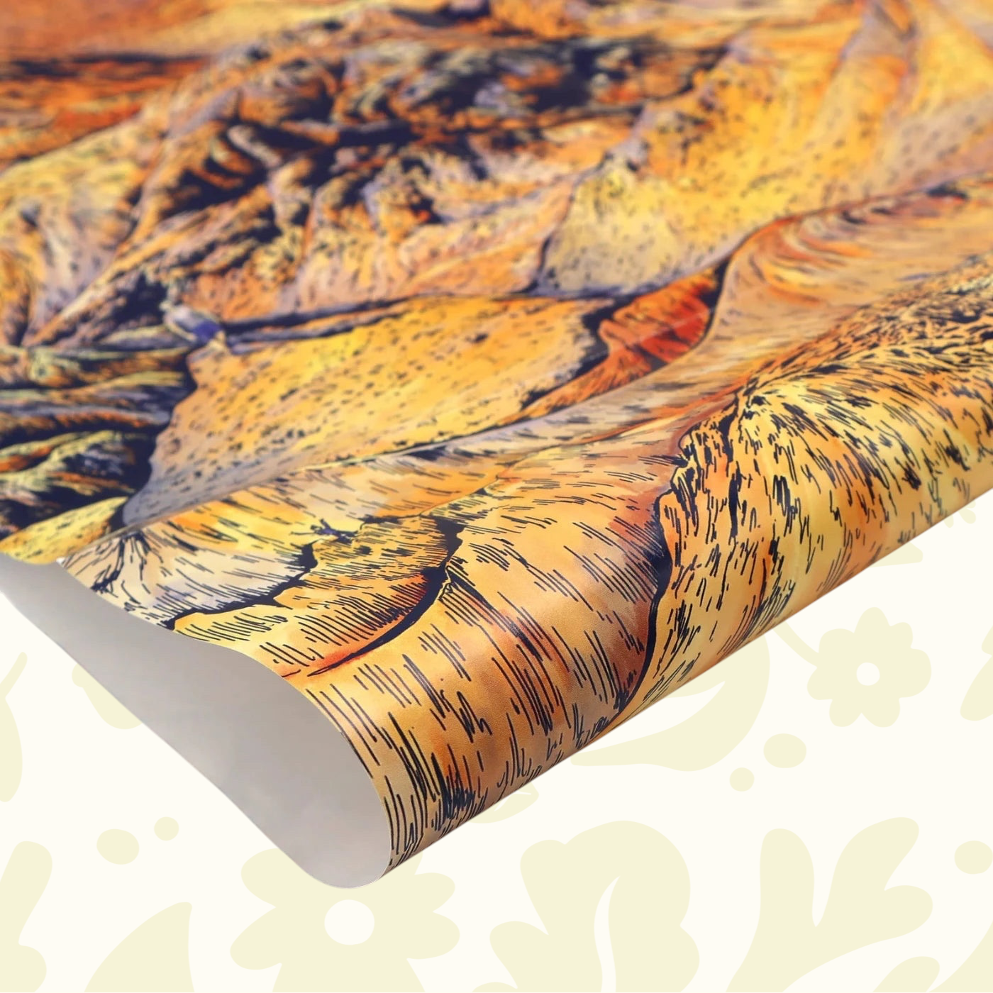Forager Provisions LTD gift wrapping paper featuring an abstract orange and yellow landscape illustration