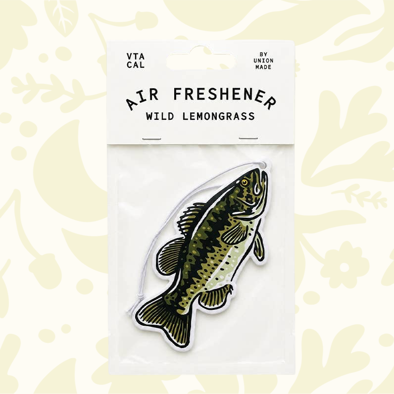 Forager Provisions LTD Largemouth Bass air freshener with wild lemongrass scent in sealed retail packaging
