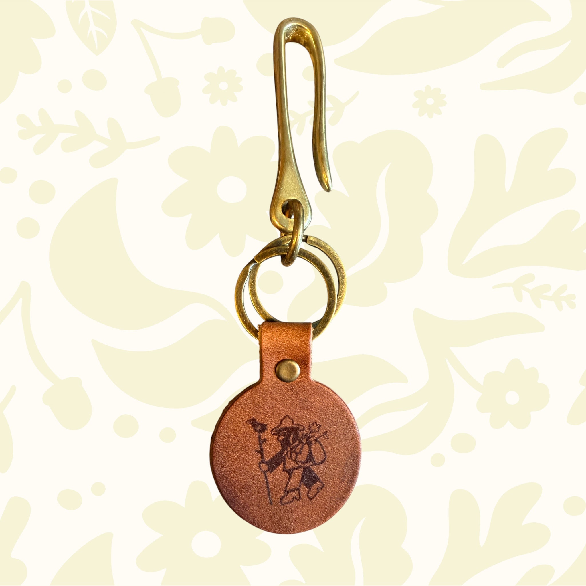 Forager Provisions LTD leather fish hook key fob in natural Horween leather with solid brass hardware and D-rings.