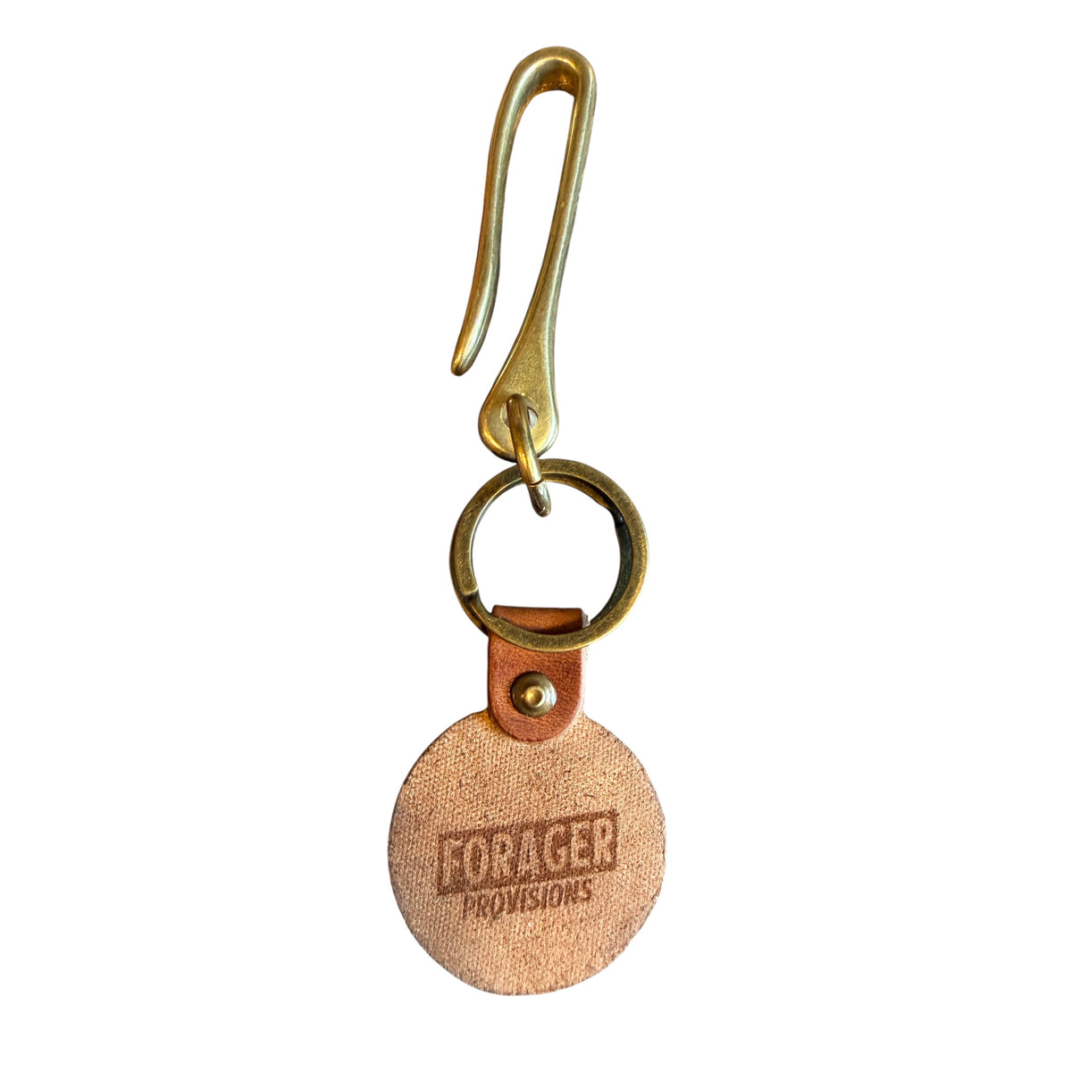 Forager Provisions LTD leather fish hook key fob in natural Horween leather with solid brass hardware and D-rings.
