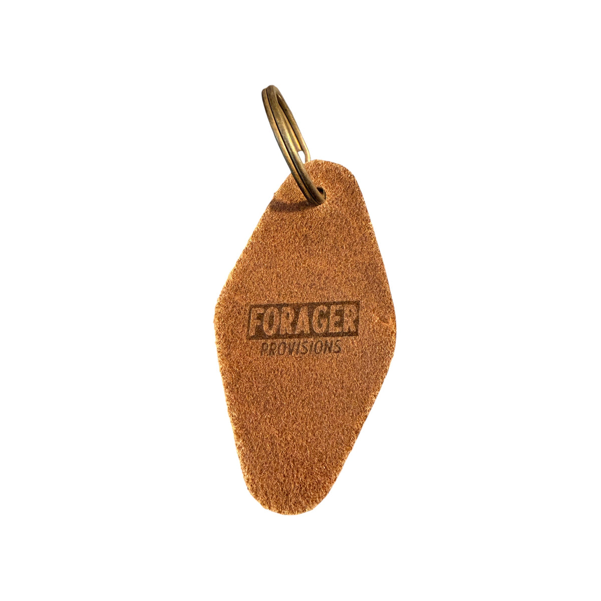 Forager Provisions LTD leather motel-style keyring with embossed branding on a textured stone surface.