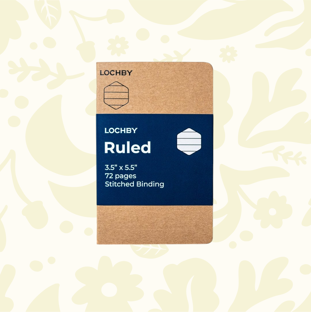 Forager Provisions LTD Lochby pocket notebook with brown cover and blue label featuring ruled Tomoe River paper
