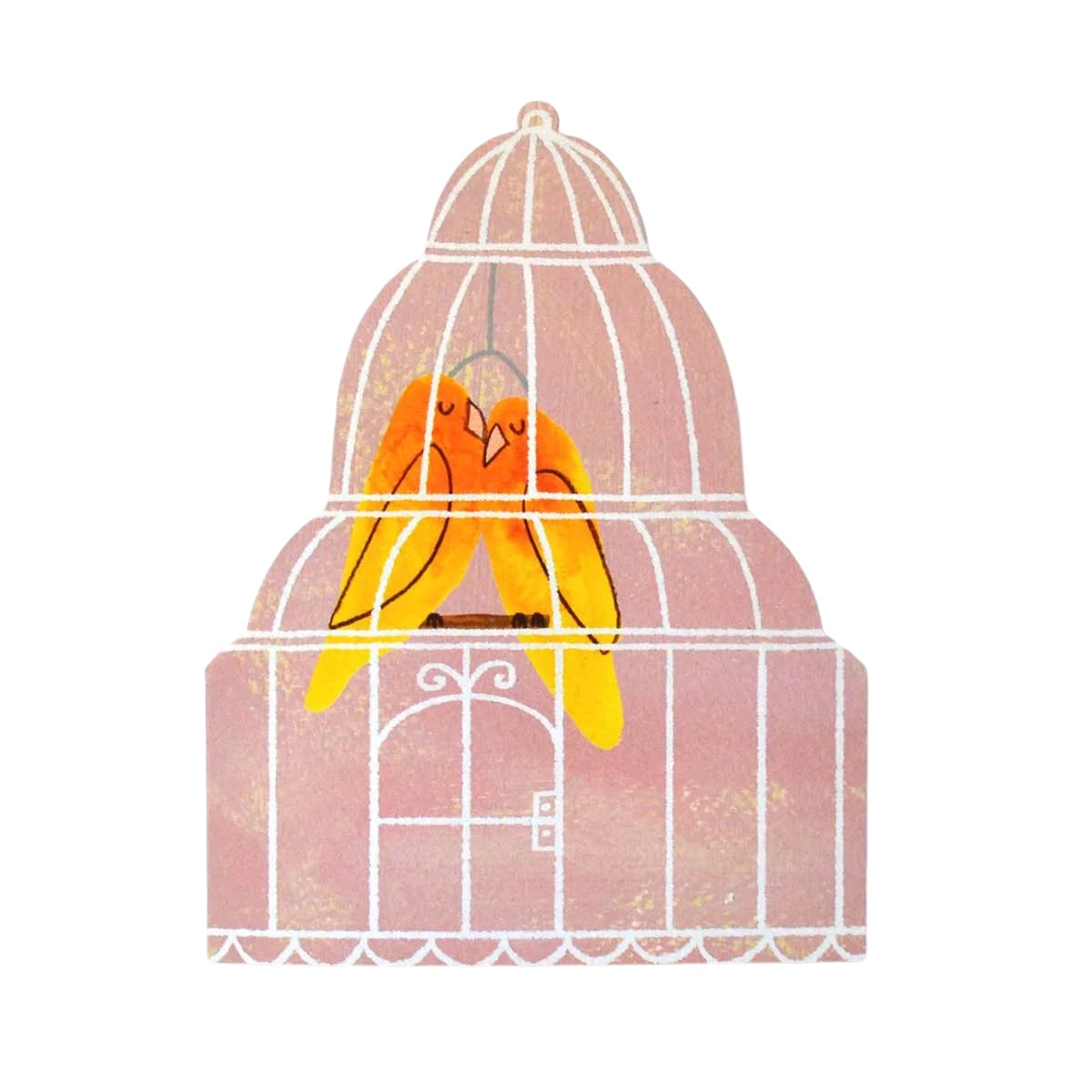 Forager Provisions LTD Mortlake Papers Lovebirds greeting card featuring two yellow birds inside a pink birdcage