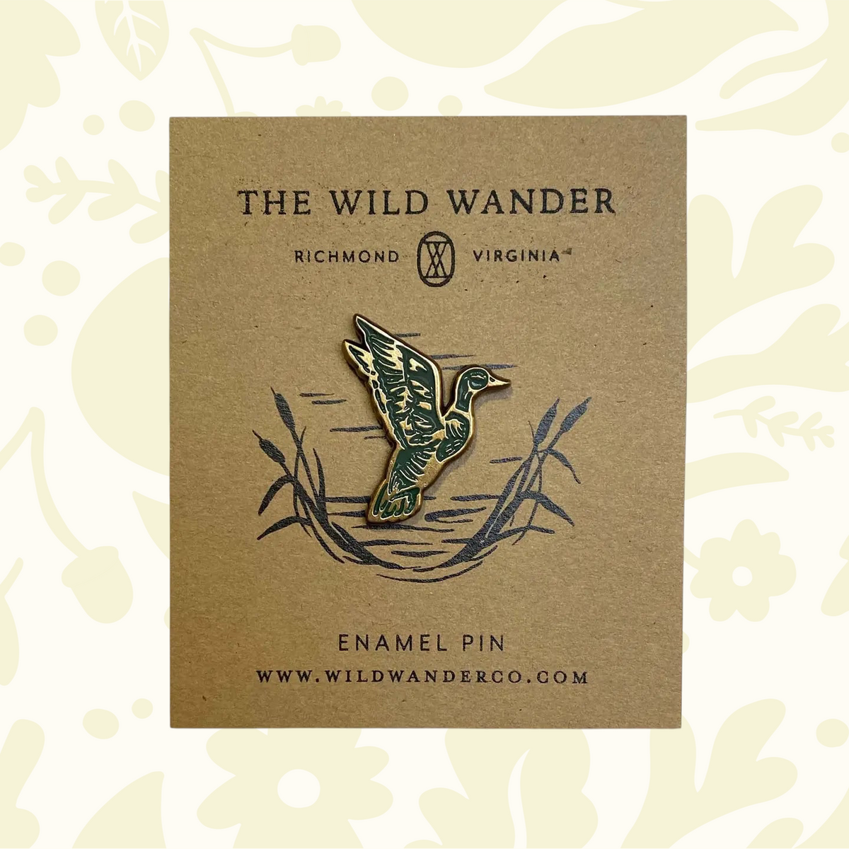 Forager Provisions LTD hard enamel mallard duck pin in flight with gold-plated finish on illustrated backing card