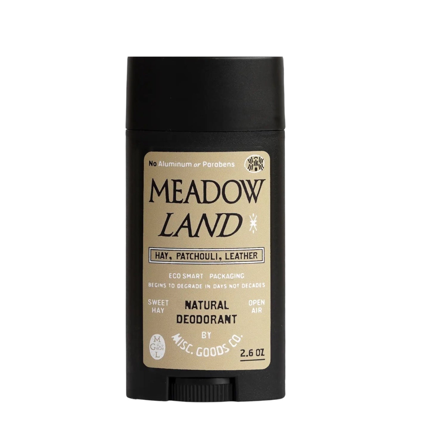 Forager Provisions LTD Misc. Goods Co Meadowland natural deodorant stick in black eco-friendly packaging.