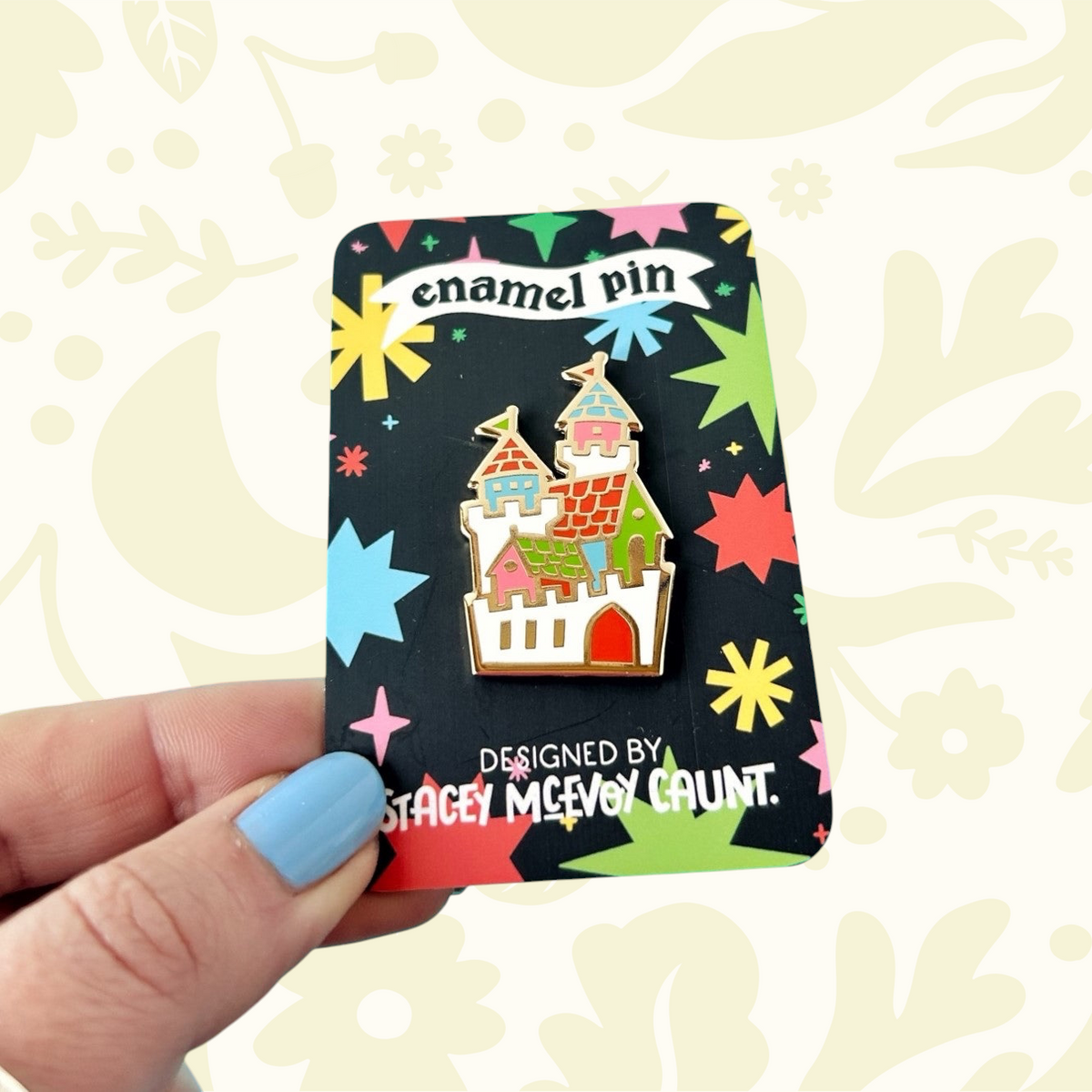 Forager Provisions LTD Stacey McEvoy Caunt hard enamel pin featuring a colorful medieval castle design on backing card