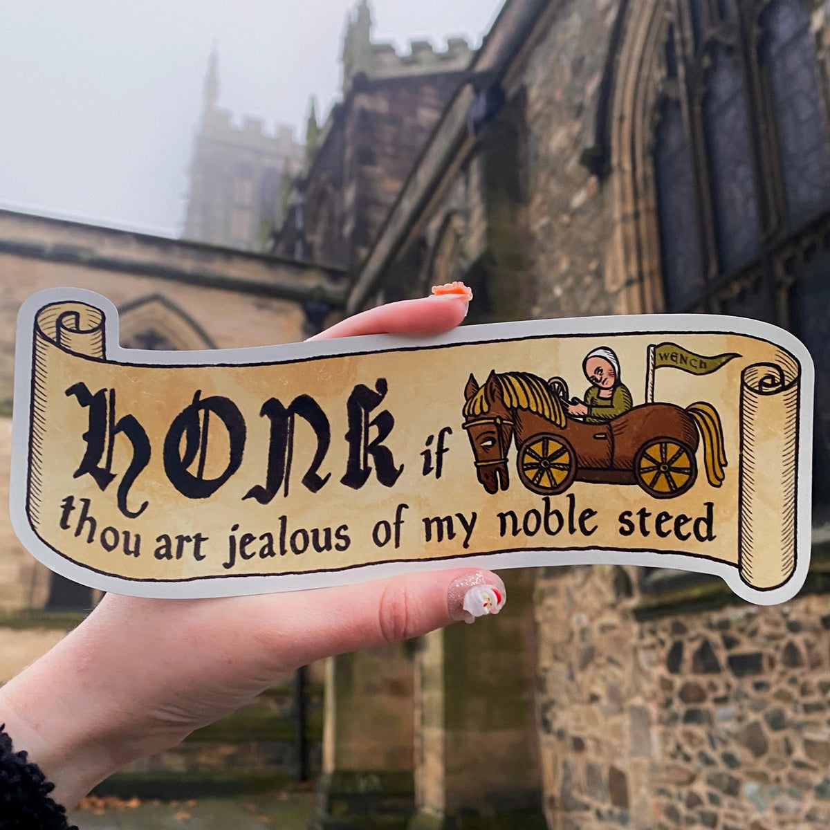 Forager Provisions LTD magnetic bumper sticker featuring a medieval illustration of a horse and humorous text