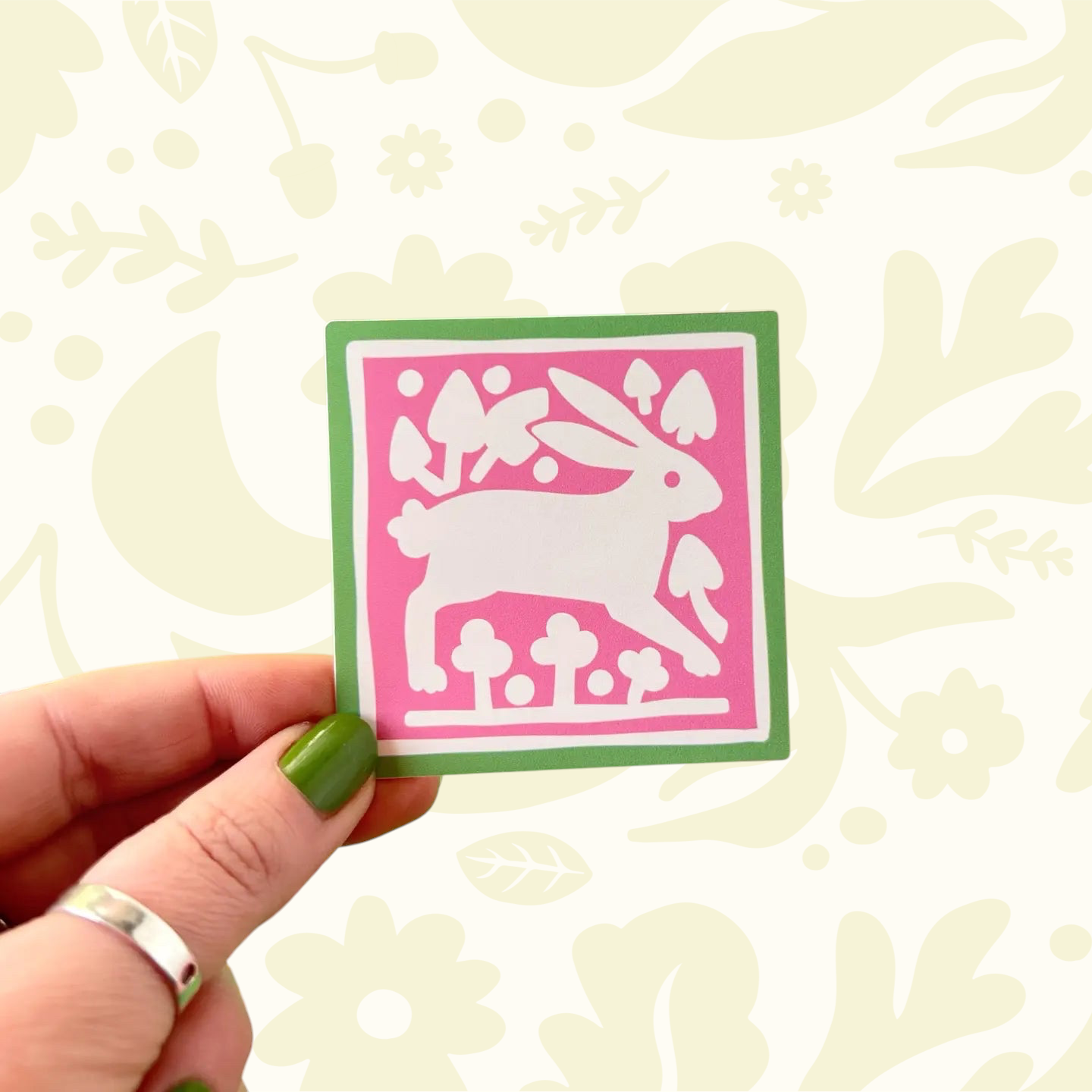 Forager Provisions LTD Stacey McEvoy Caunt medieval rabbit vinyl sticker with pink and green folklore design