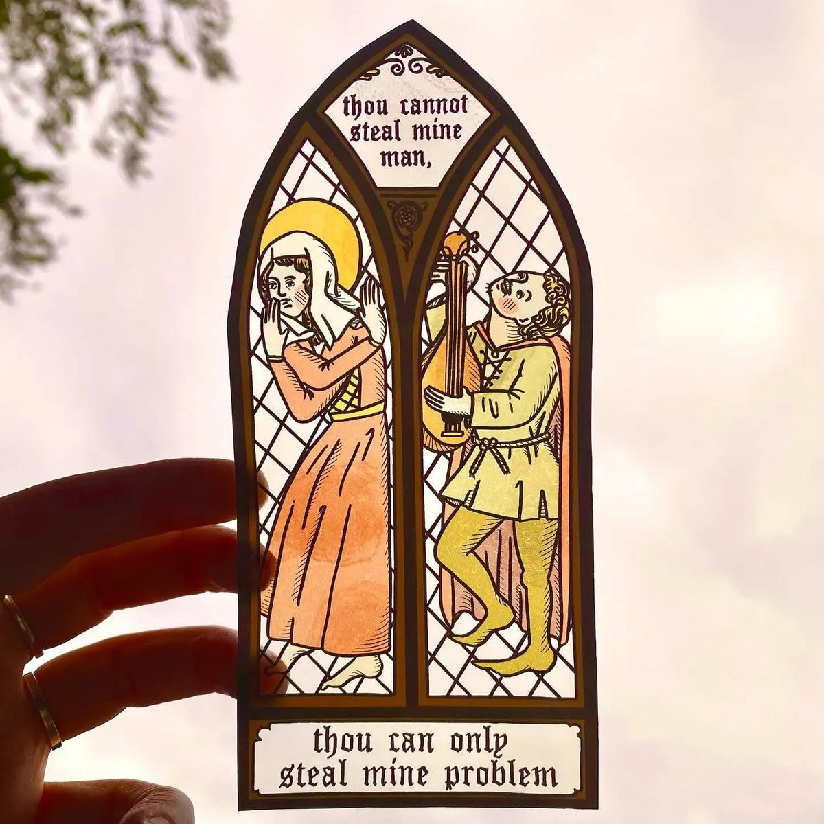 Forager Provisions LTD Clarice Tudor medieval stained glass window sticker with humorous text and illustration