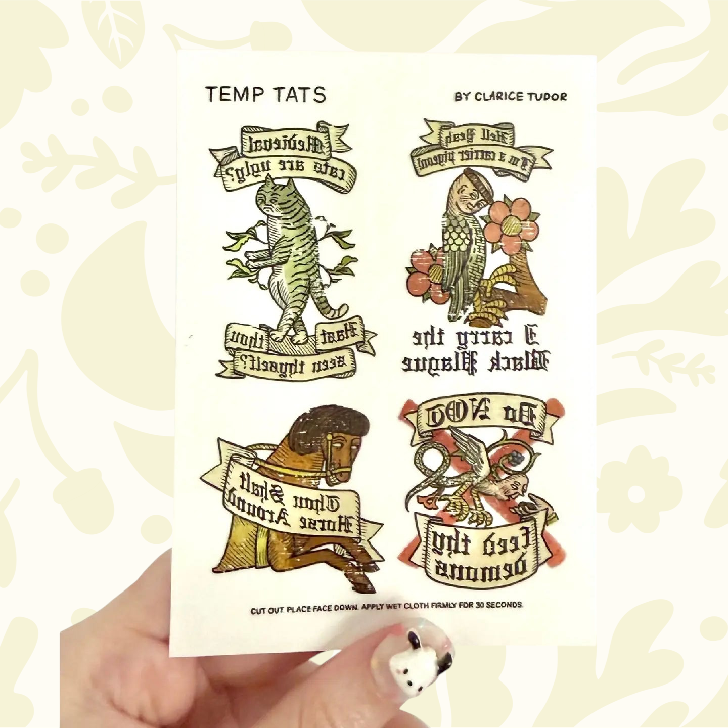 Forager Provisions LTD Clarice Tudor A6 sheet of medieval-inspired temporary tattoos featuring whimsical animal designs.