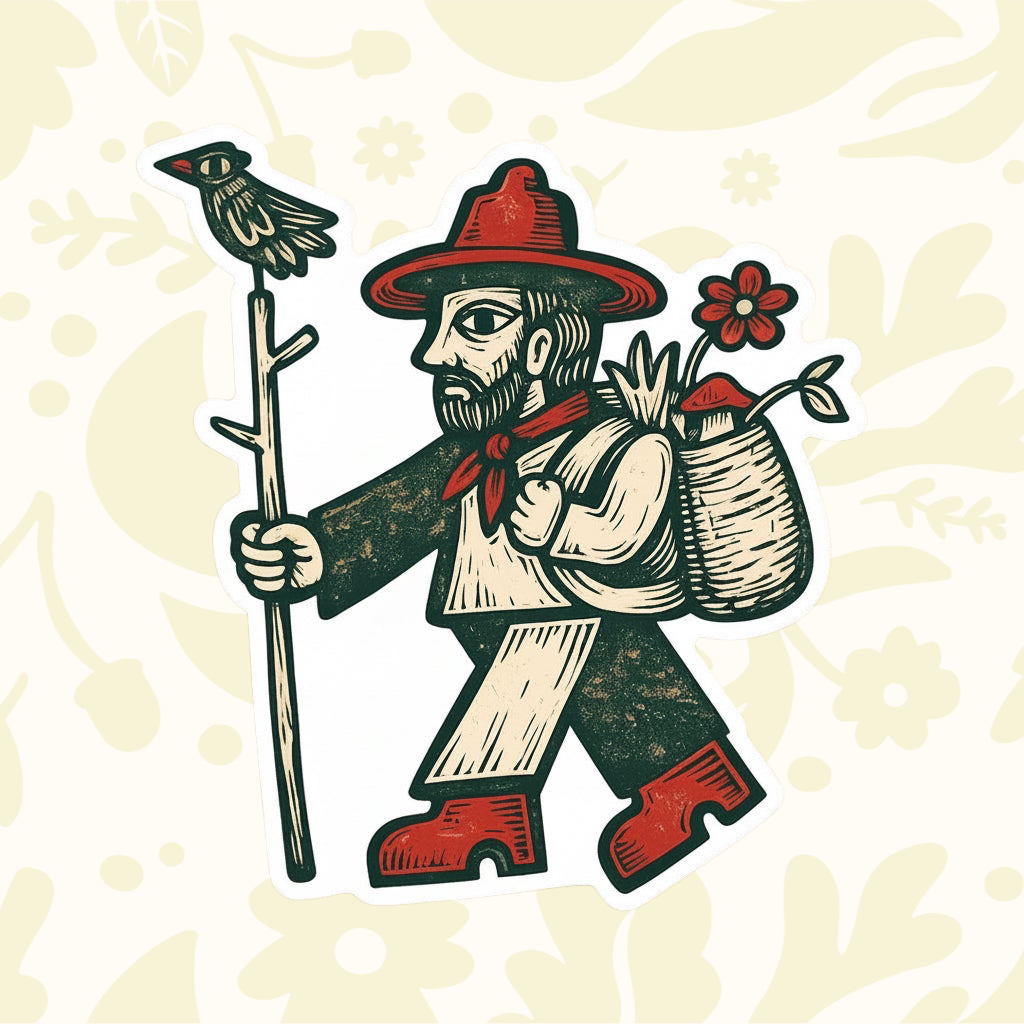 Forager Provisions LTD medieval-style vinyl sticker featuring a bearded traveler with a bird and backpack.