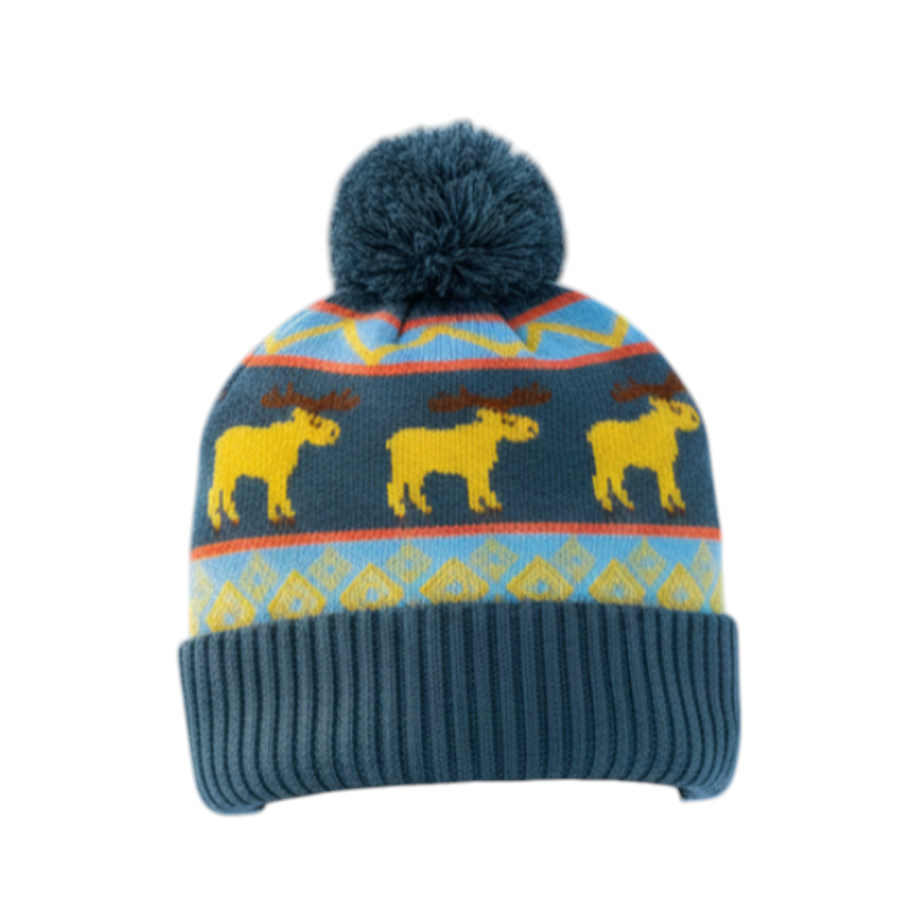 Forager Provisions LTD knit beanie featuring a yellow moose folk pattern, blue pom pom, and ribbed cuff.