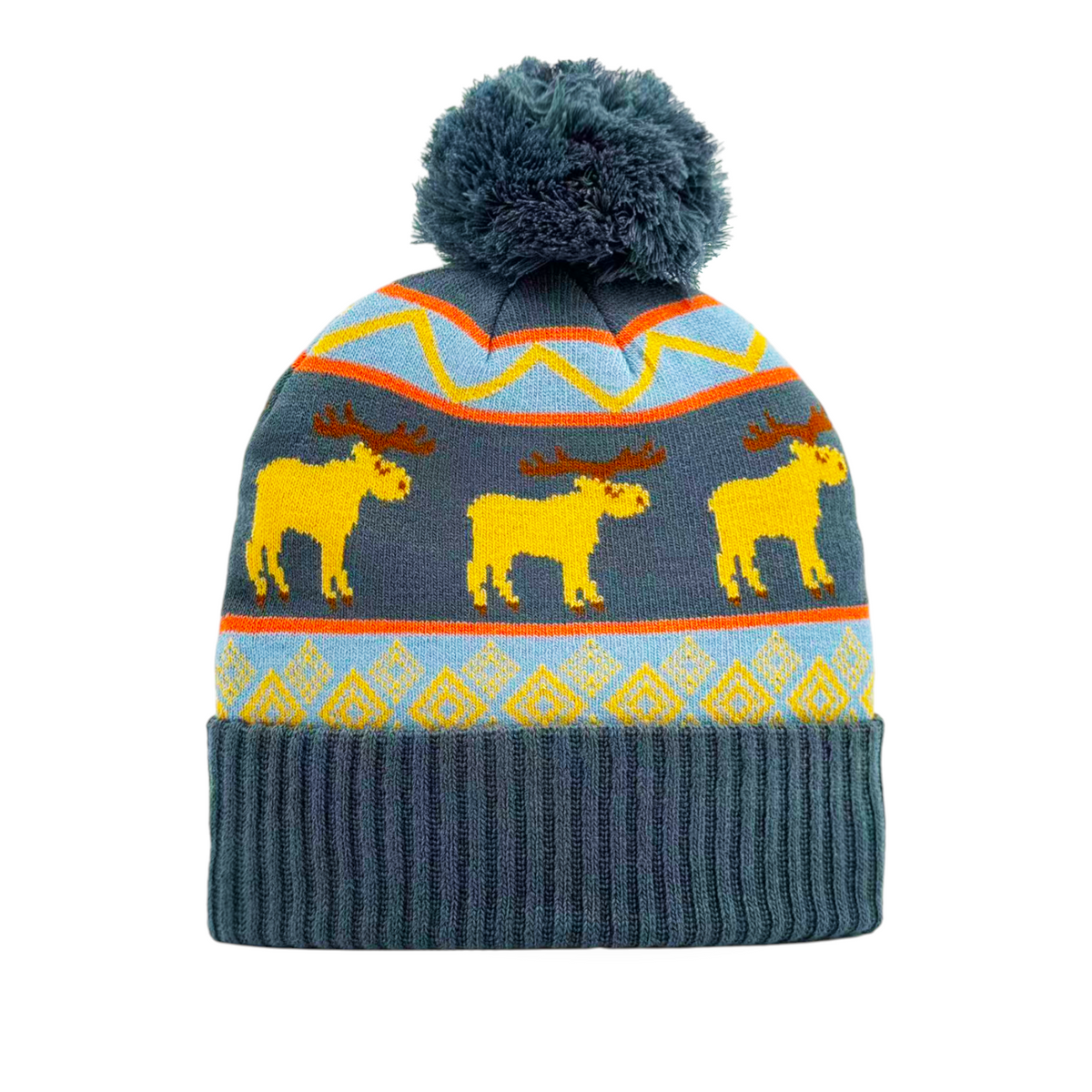 Forager Provisions LTD knit beanie featuring a yellow moose folk pattern, blue accents, and a grey pom pom.