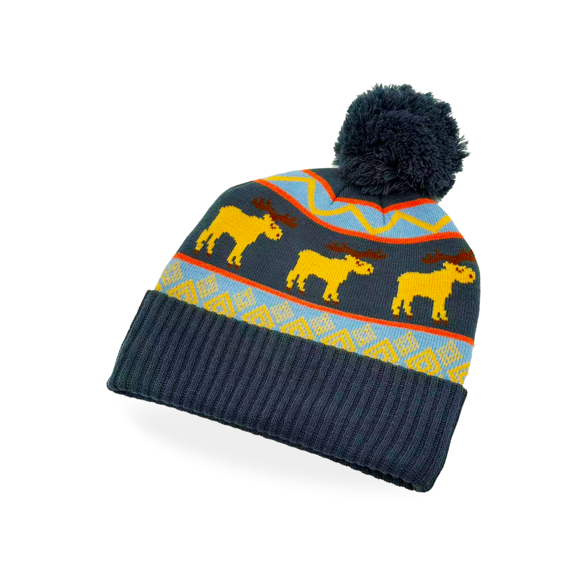 Forager Provisions LTD Northern Icons Creations knit beanie with a yellow moose folk pattern and dark blue pom pom.