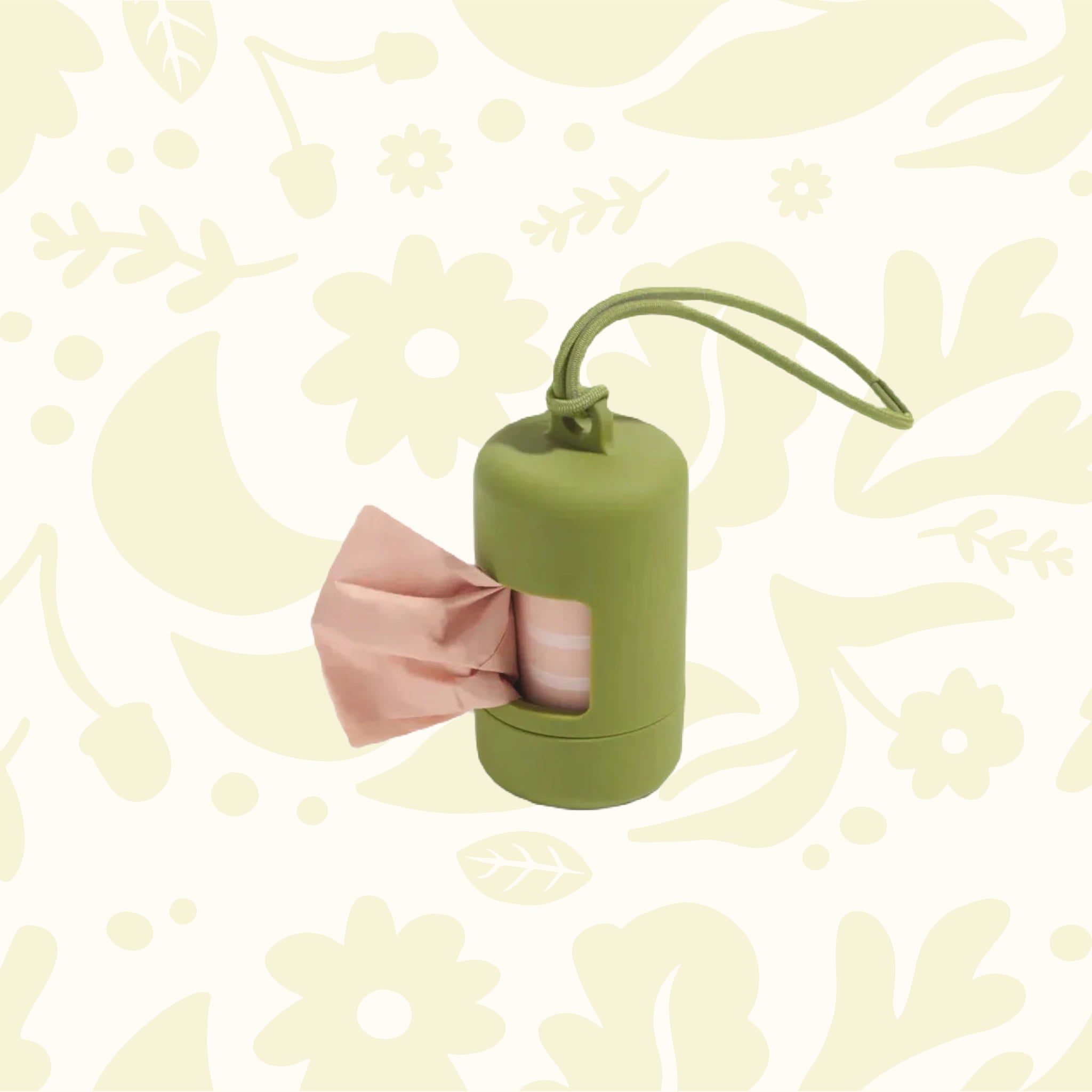 Wild One Moss Poop Bag Dispenser Holder—green, portable leash accessory with strap; dog waste bags not included.