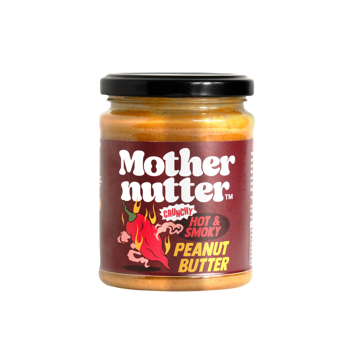 Forager Provisions LTD Mothernutter crunchy hot and smoky peanut butter in a glass jar with a red label.