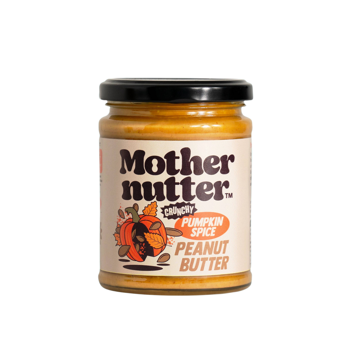 Forager Provisions LTD Mothernutter crunchy pumpkin spice peanut butter in a glass jar with autumn-themed label