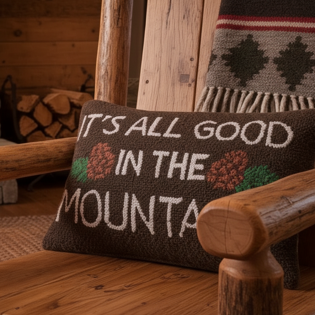 Forager Provisions LTD hooked wool cushion with mountain slogan on a rustic wooden chair in a cabin setting.