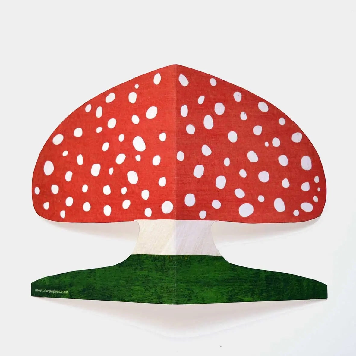 Eco-friendly Red Cap Mushroom Shaped Greeting Card, flat illustration, unique Mortlake Papers design for mushroom lovers.