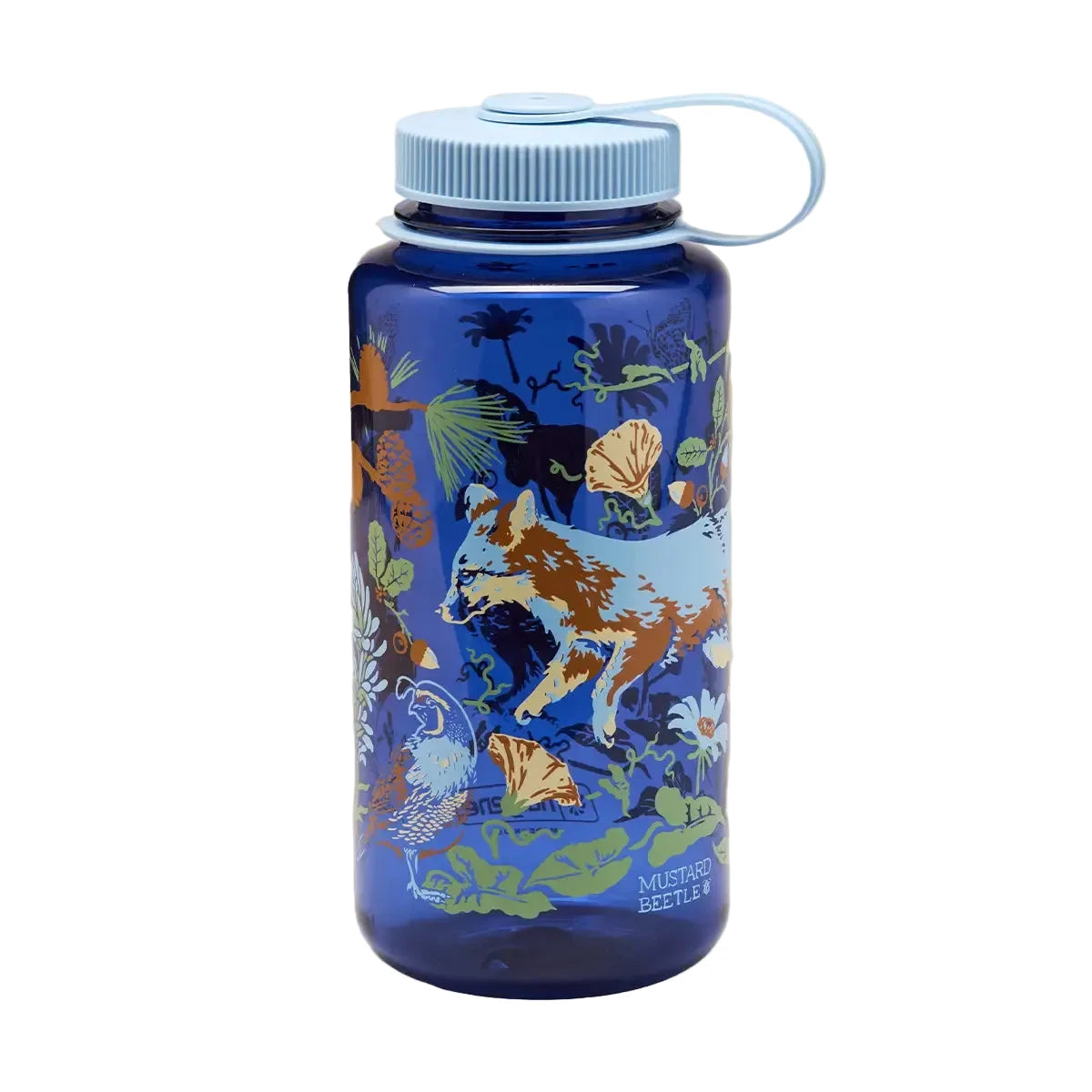 Forager Provisions LTD Mustard Beetle 32oz wide mouth Nalgene water bottle in blue with Channel Islands nature print