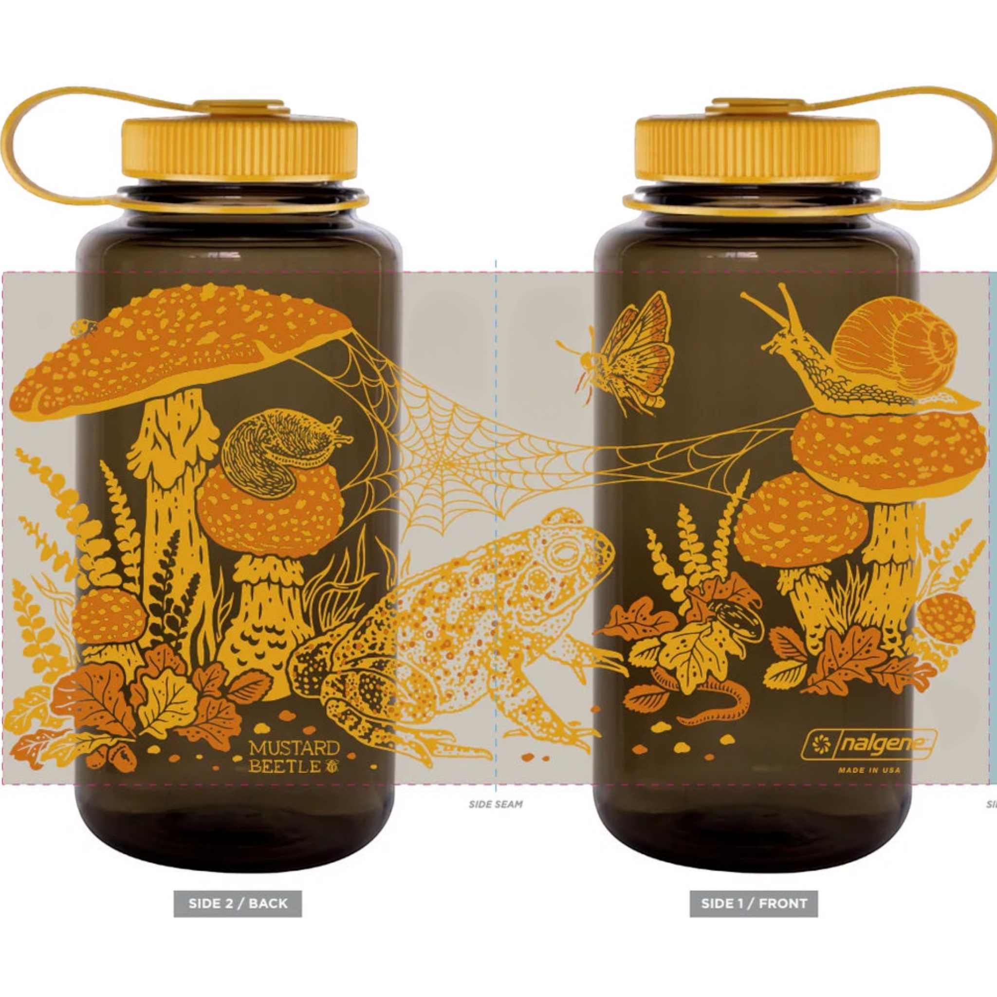 Forager Provisions LTD 32oz Nalgene water bottle in mustard yellow with mushroom, toad, and forest woodland artwork.